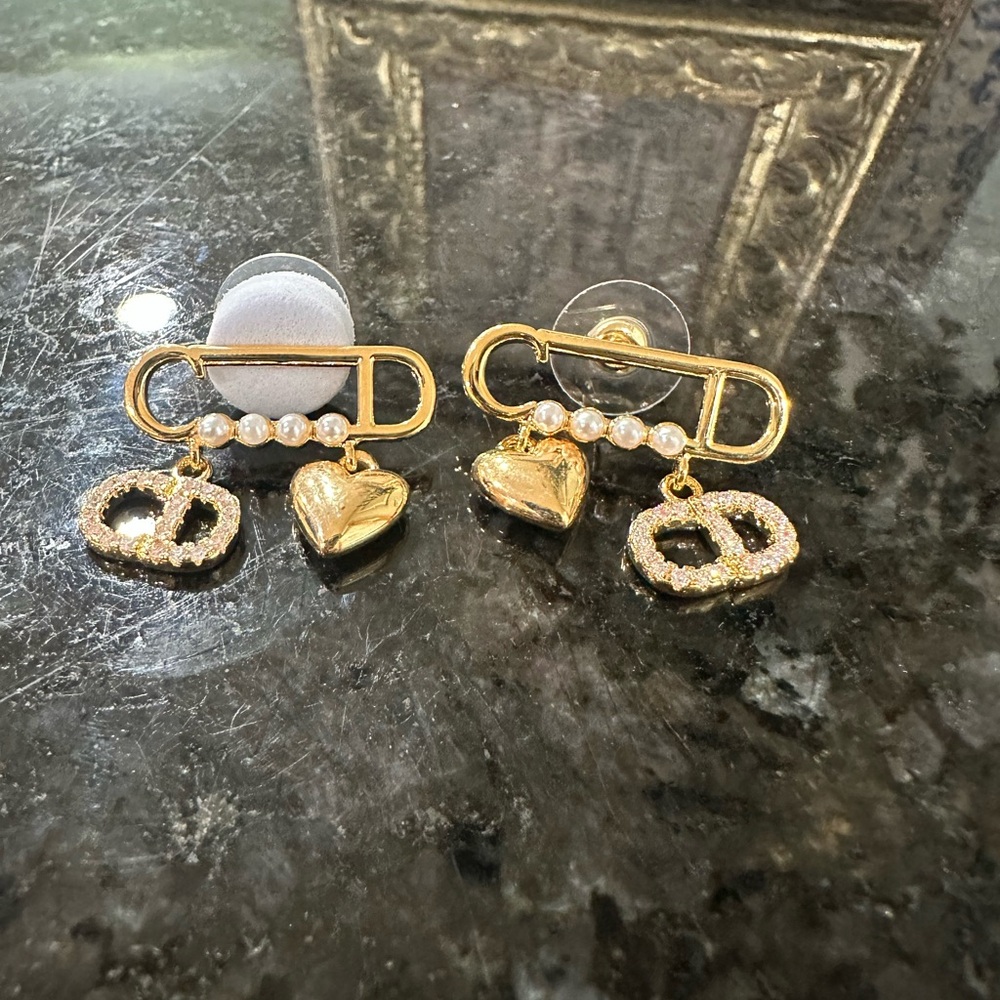 Gold and Pearl Heart Dangle Earrings